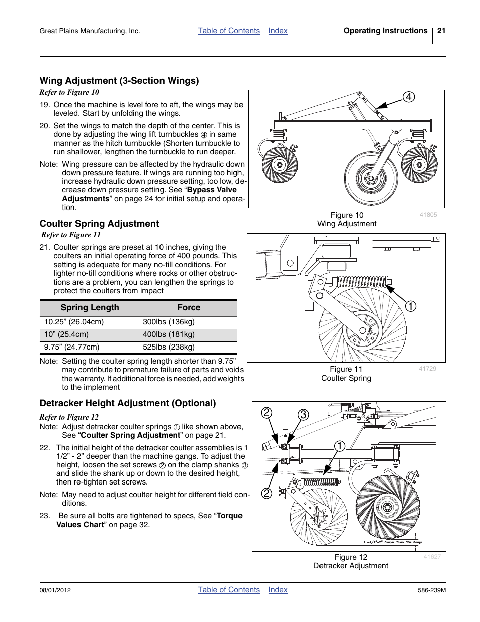 Wing adjustment (3-section wings), Coulter spring adjustment, Detracker height adjustment (optional) | Great Plains 4000TC Operator Manual User Manual | Page 25 / 42