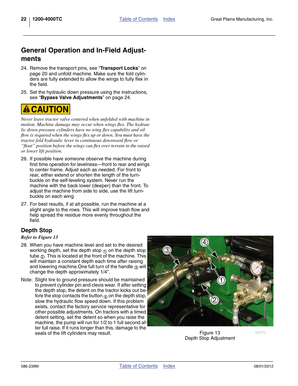 General operation and in-field adjustments, Depth stop, General operation and in-field adjust- ments | Great Plains 4000TC Operator Manual User Manual | Page 26 / 42