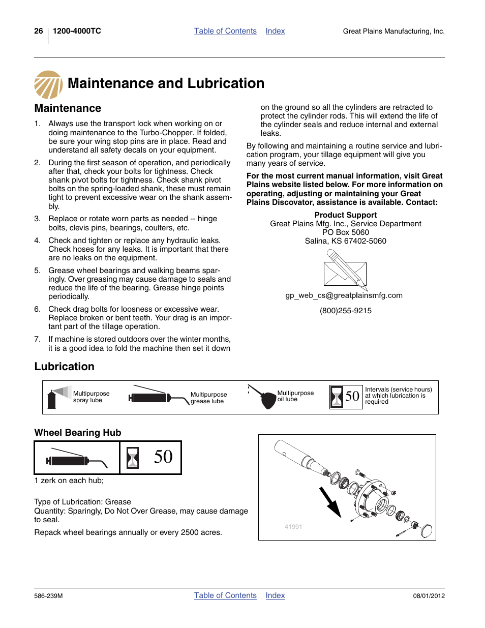 Maintenance and lubrication, Maintenance, Lubrication | Wheel bearing hub, Urbo-chopper as indicated under “ lubri | Great Plains 4000TC Operator Manual User Manual | Page 30 / 42