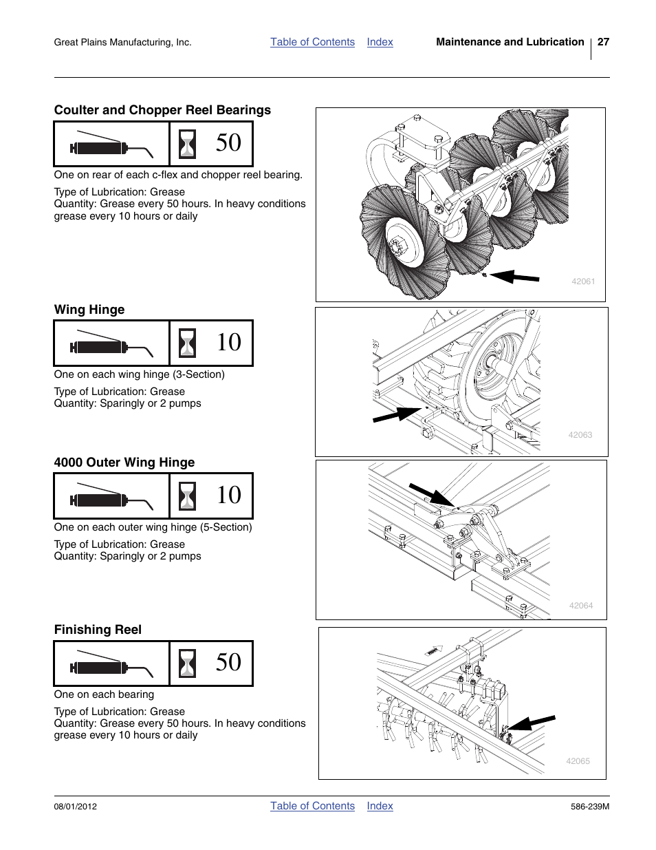 Coulter and chopper reel bearings, Wing hinge, 4000 outer wing hinge | Finishing reel | Great Plains 4000TC Operator Manual User Manual | Page 31 / 42