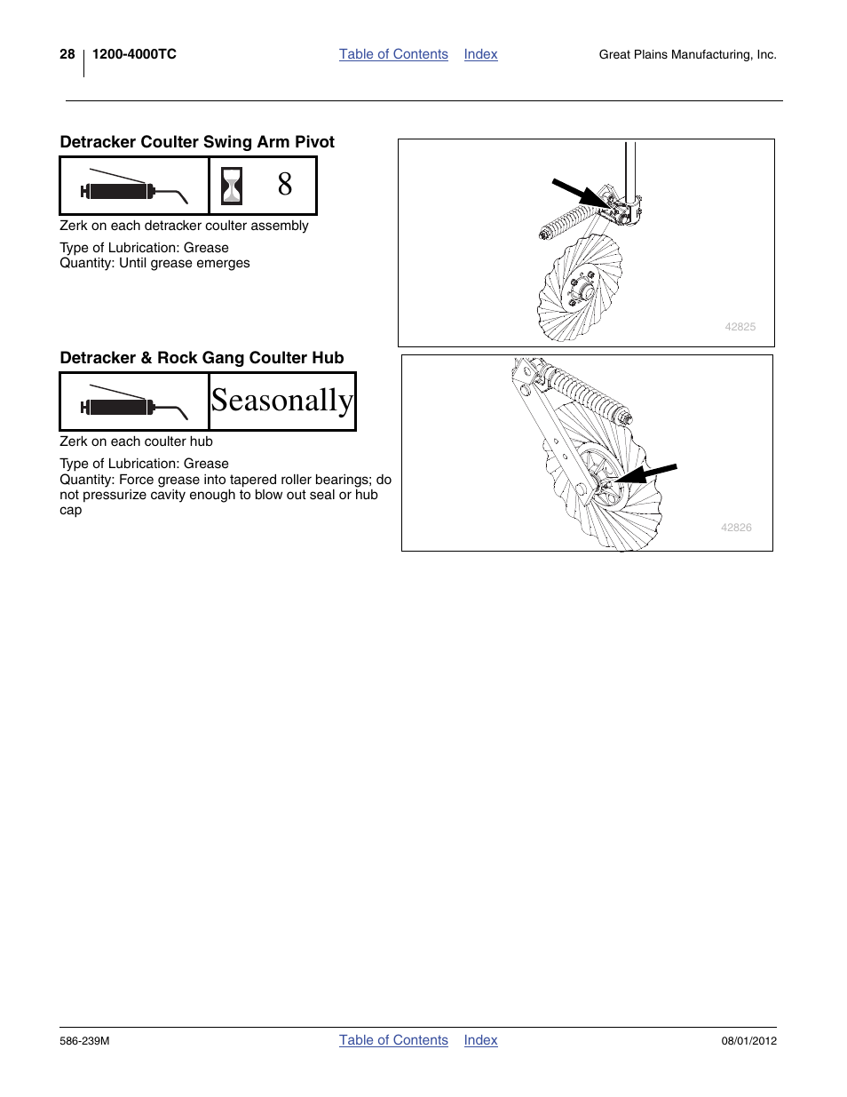 Detracker coulter swing arm pivot, Detracker & rock gang coulter hub, 8seasonally | Great Plains 4000TC Operator Manual User Manual | Page 32 / 42