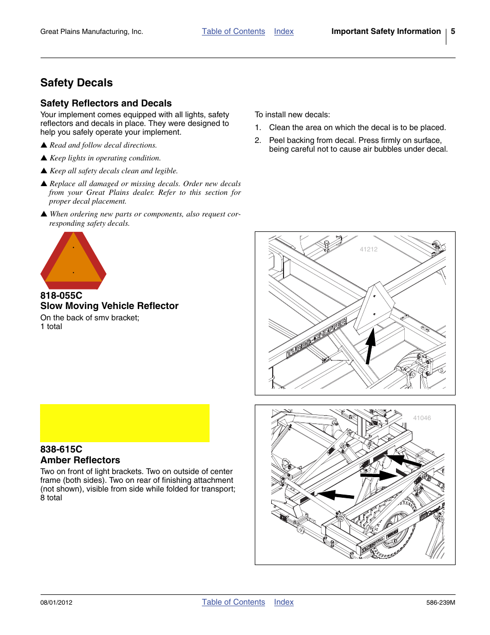 Safety decals, Safety reflectors and decals, 055c slow moving vehicle reflector | 615c amber reflectors | Great Plains 4000TC Operator Manual User Manual | Page 9 / 42