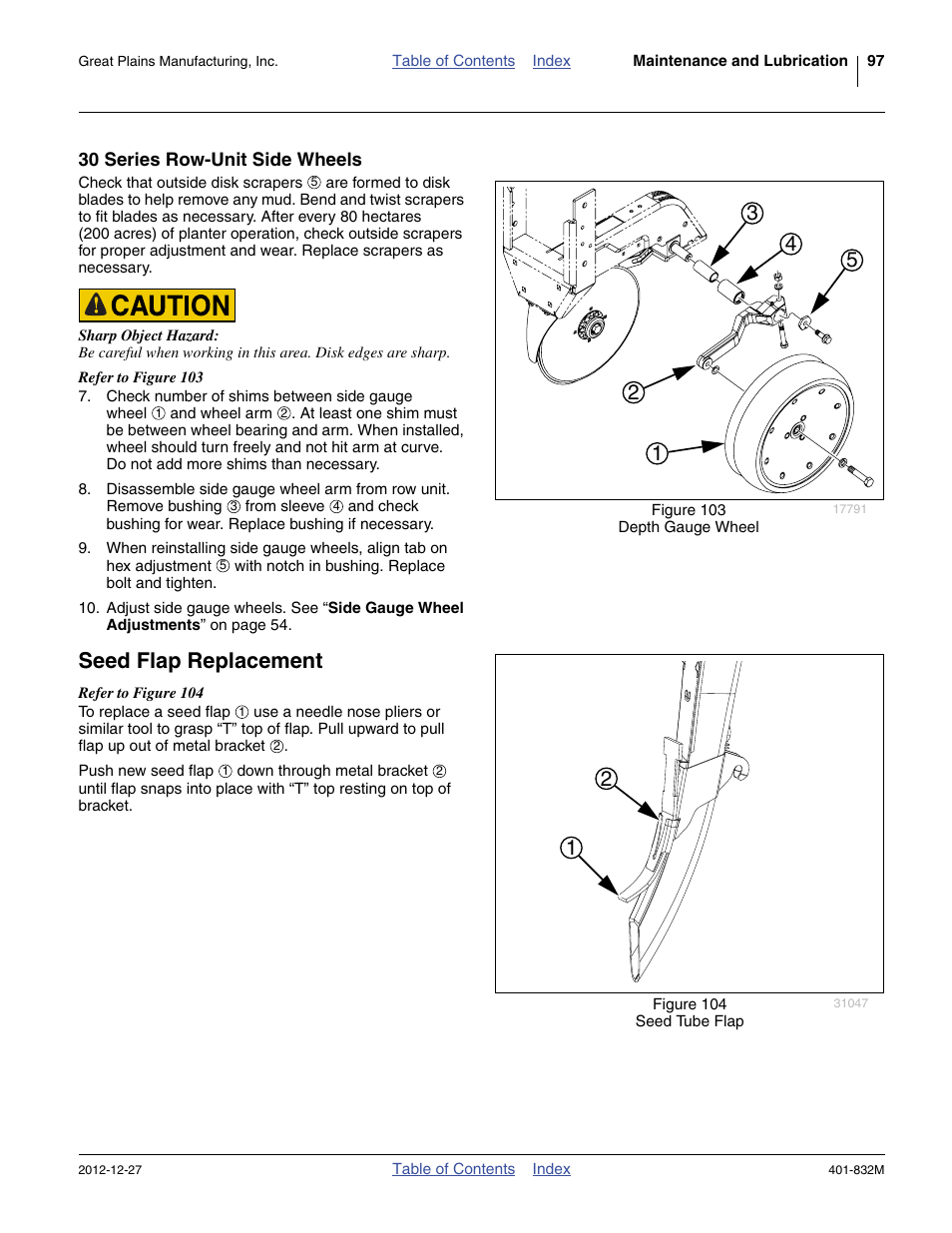 30 series row-unit side wheels, Seed flap replacement | Great Plains YP1630F-1670 Operator Manual User Manual | Page 101 / 138