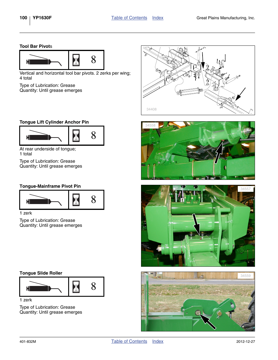 Tool bar pivots, Tongue lift cylinder anchor pin, Tongue-mainframe pivot pin | Tongue slide roller | Great Plains YP1630F-1670 Operator Manual User Manual | Page 104 / 138