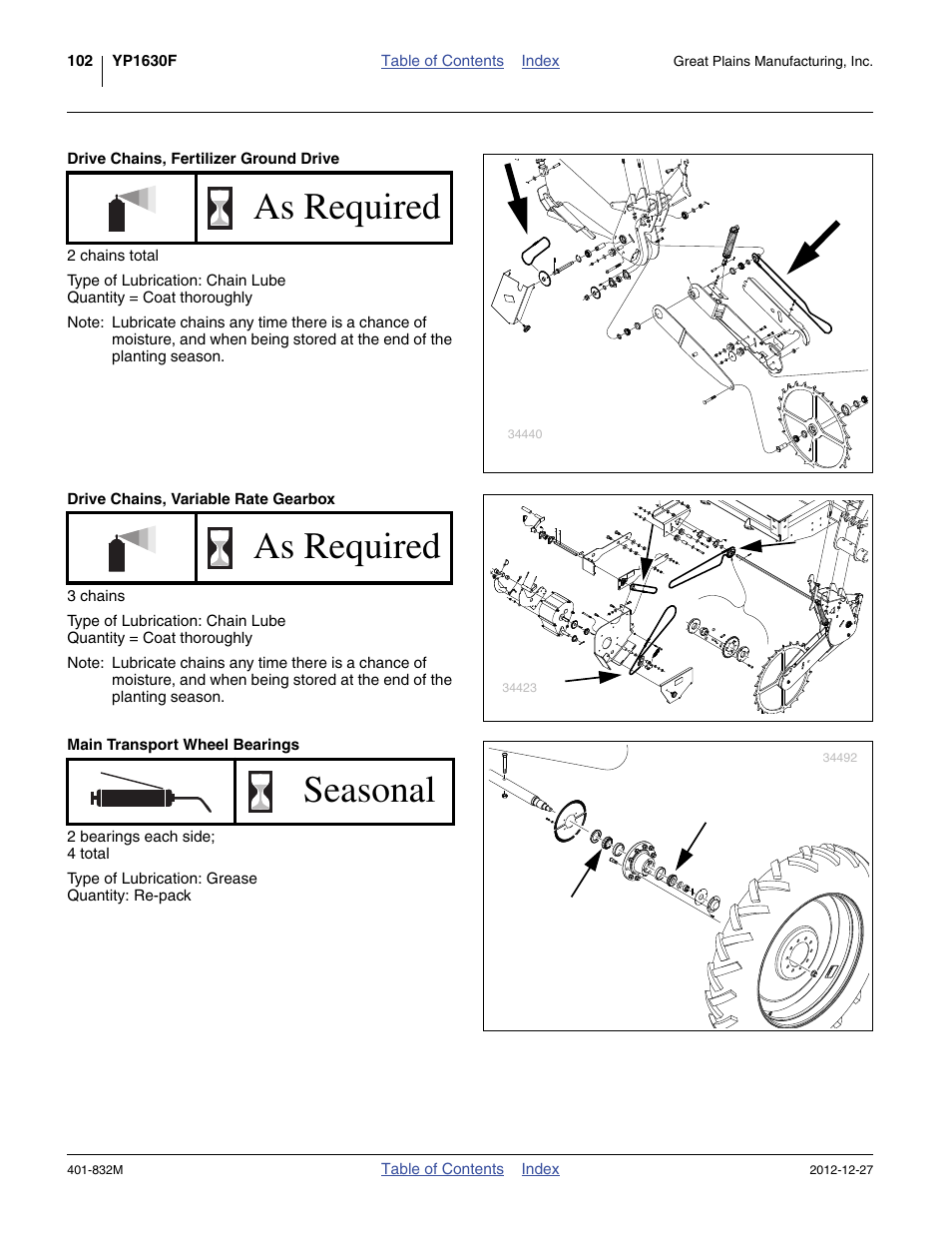 Drive chains, fertilizer ground drive, Drive chains, variable rate gearbox, Main transport wheel bearings | As required, Seasonal | Great Plains YP1630F-1670 Operator Manual User Manual | Page 106 / 138