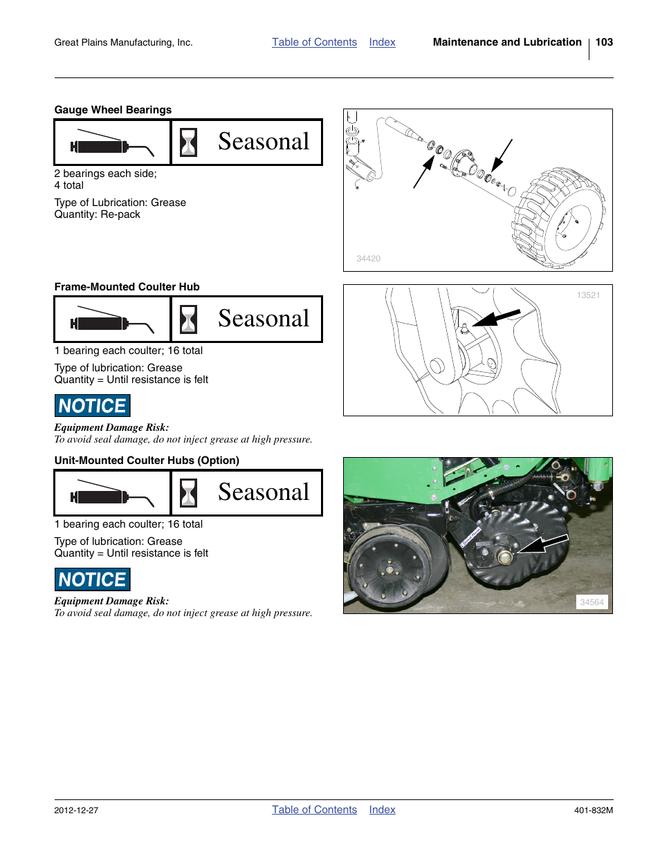 Gauge wheel bearings, Frame-mounted coulter hub, Unit-mounted coulter hubs (option) | Seasonal | Great Plains YP1630F-1670 Operator Manual User Manual | Page 107 / 138