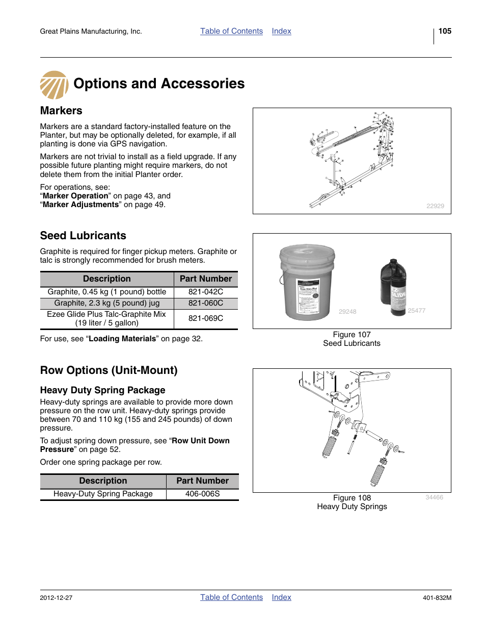 Options and accessories, Markers, Seed lubricants | Row options (unit-mount), Heavy duty spring package | Great Plains YP1630F-1670 Operator Manual User Manual | Page 109 / 138