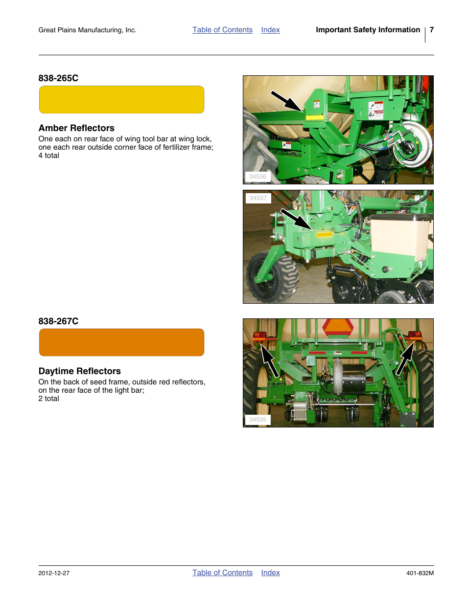 265c amber reflectors, 267c daytime reflectors | Great Plains YP1630F-1670 Operator Manual User Manual | Page 11 / 138
