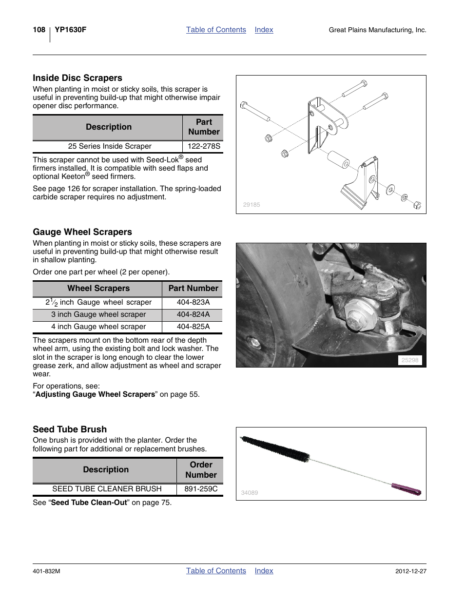 Inside disc scrapers, Gauge wheel scrapers, Seed tube brush | Great Plains YP1630F-1670 Operator Manual User Manual | Page 112 / 138