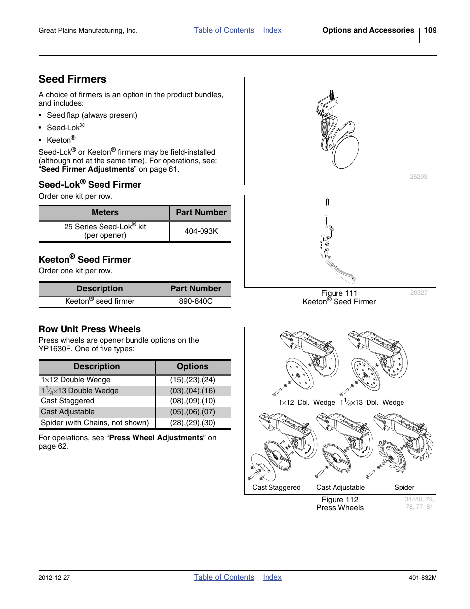 Seed firmers, Seed-lok® seed firmer, Keeton® seed firmer | Row unit press wheels | Great Plains YP1630F-1670 Operator Manual User Manual | Page 113 / 138