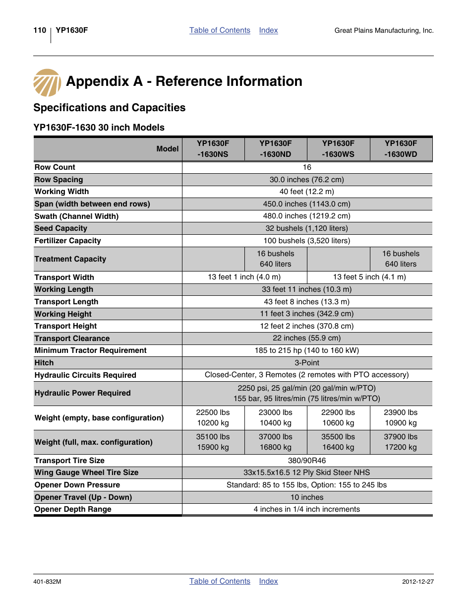Appendix a - reference information, Specifications and capacities, Yp1630f-1630 30 inch models | Great Plains YP1630F-1670 Operator Manual User Manual | Page 114 / 138