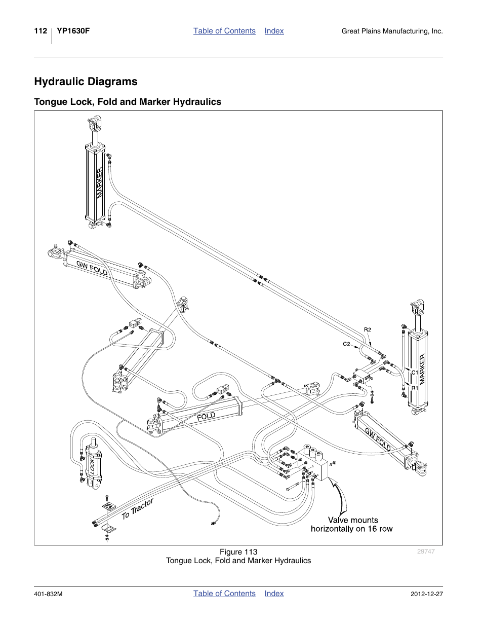 Hydraulic diagrams, Tongue lock, fold and marker hydraulics | Great Plains YP1630F-1670 Operator Manual User Manual | Page 116 / 138