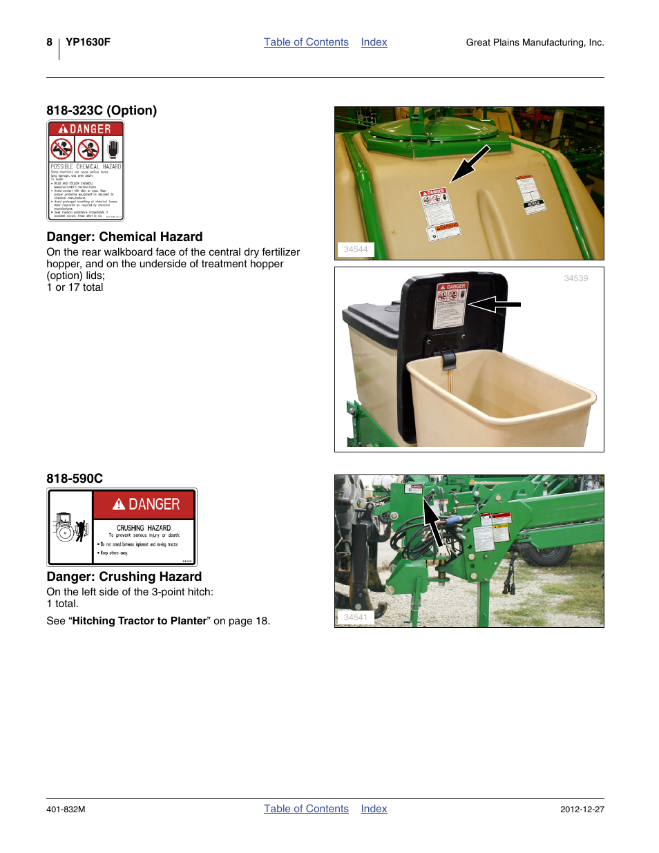 323c (option) danger: chemical hazard, 590c danger: crushing hazard | Great Plains YP1630F-1670 Operator Manual User Manual | Page 12 / 138