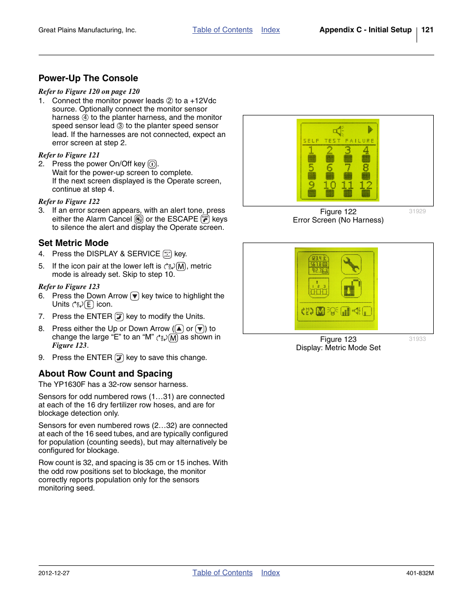 Power-up the console, Set metric mode, About row count and spacing | Great Plains YP1630F-1670 Operator Manual User Manual | Page 125 / 138