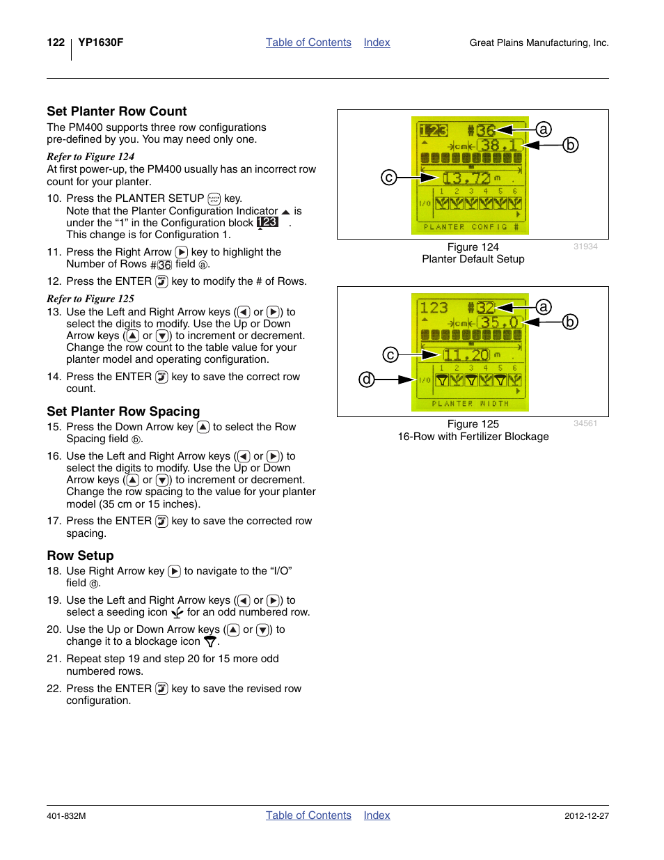 Set planter row count, Set planter row spacing, Row setup | Ab c, Ab c d | Great Plains YP1630F-1670 Operator Manual User Manual | Page 126 / 138