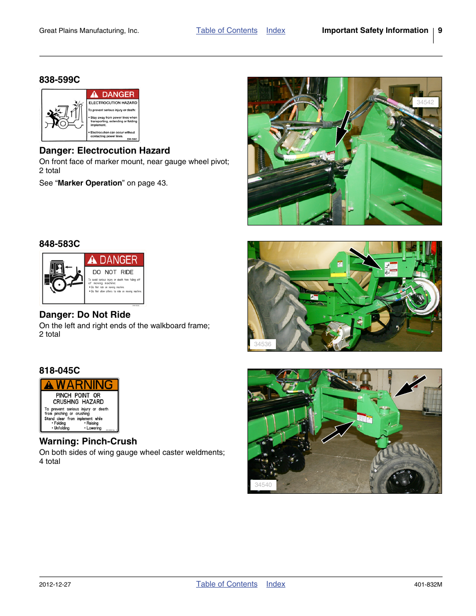 599c danger: electrocution hazard, 583c danger: do not ride, 045c warning: pinch-crush | Great Plains YP1630F-1670 Operator Manual User Manual | Page 13 / 138