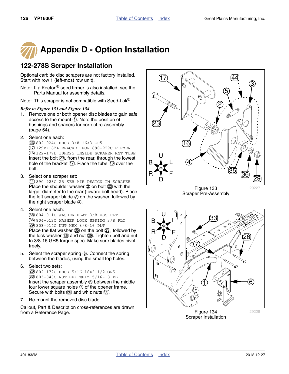 Appendix d - option installation, 278s scraper installation | Great Plains YP1630F-1670 Operator Manual User Manual | Page 130 / 138