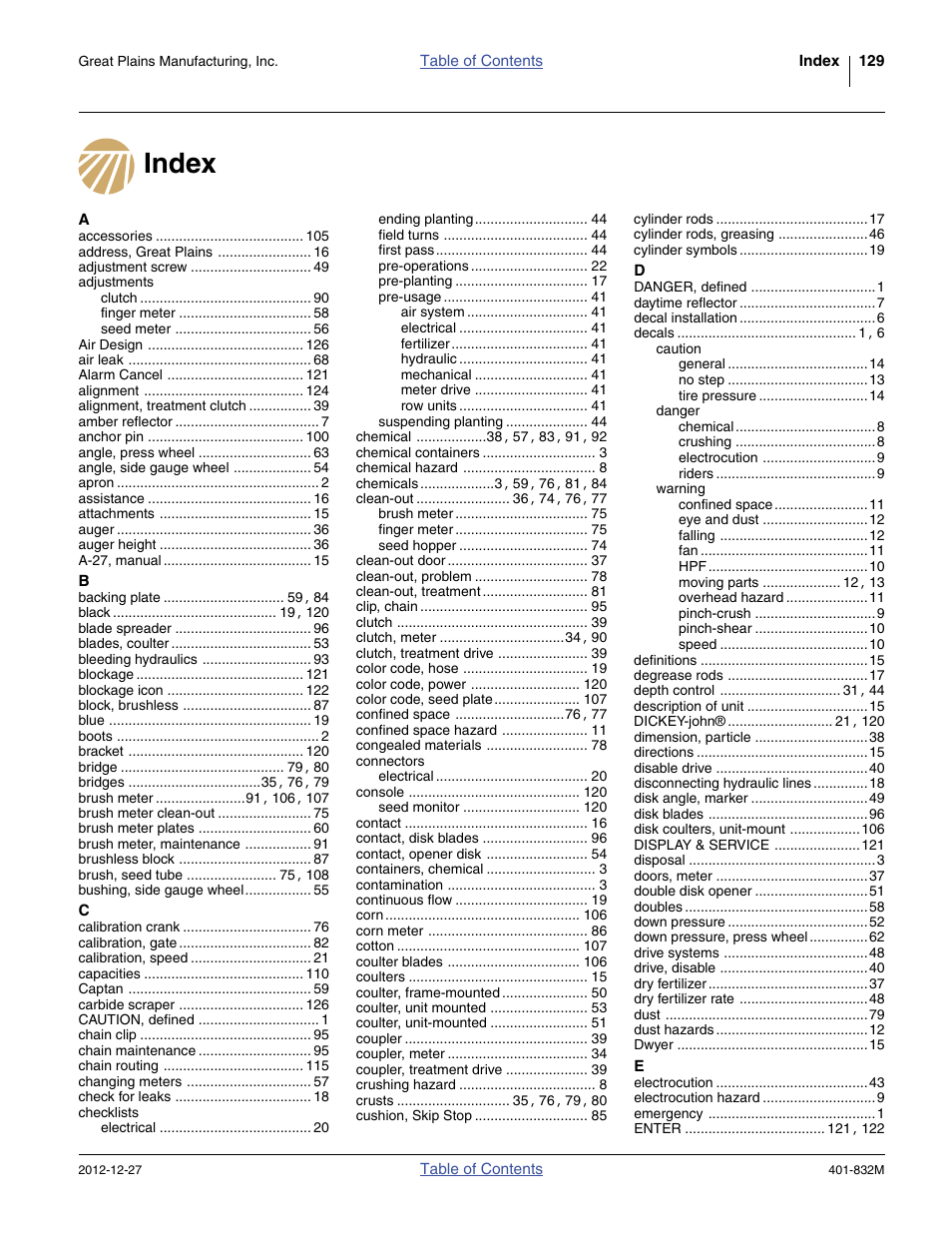 Index | Great Plains YP1630F-1670 Operator Manual User Manual | Page 133 / 138