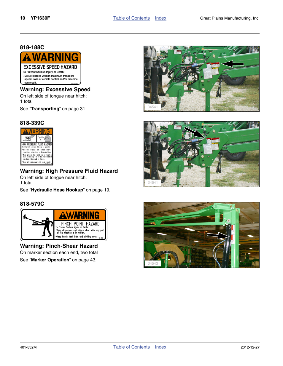 188c warning: excessive speed, 339c warning: high pressure fluid hazard, 579c warning: pinch-shear hazard | Warning, Excessive speed hazard | Great Plains YP1630F-1670 Operator Manual User Manual | Page 14 / 138