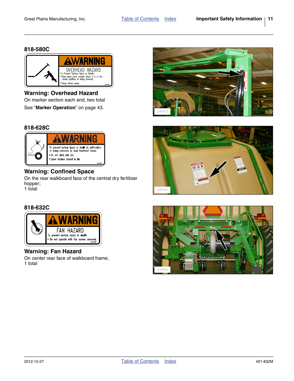 580c warning: overhead hazard, 628c warning: confined space, 632c warning: fan hazard | Great Plains YP1630F-1670 Operator Manual User Manual | Page 15 / 138