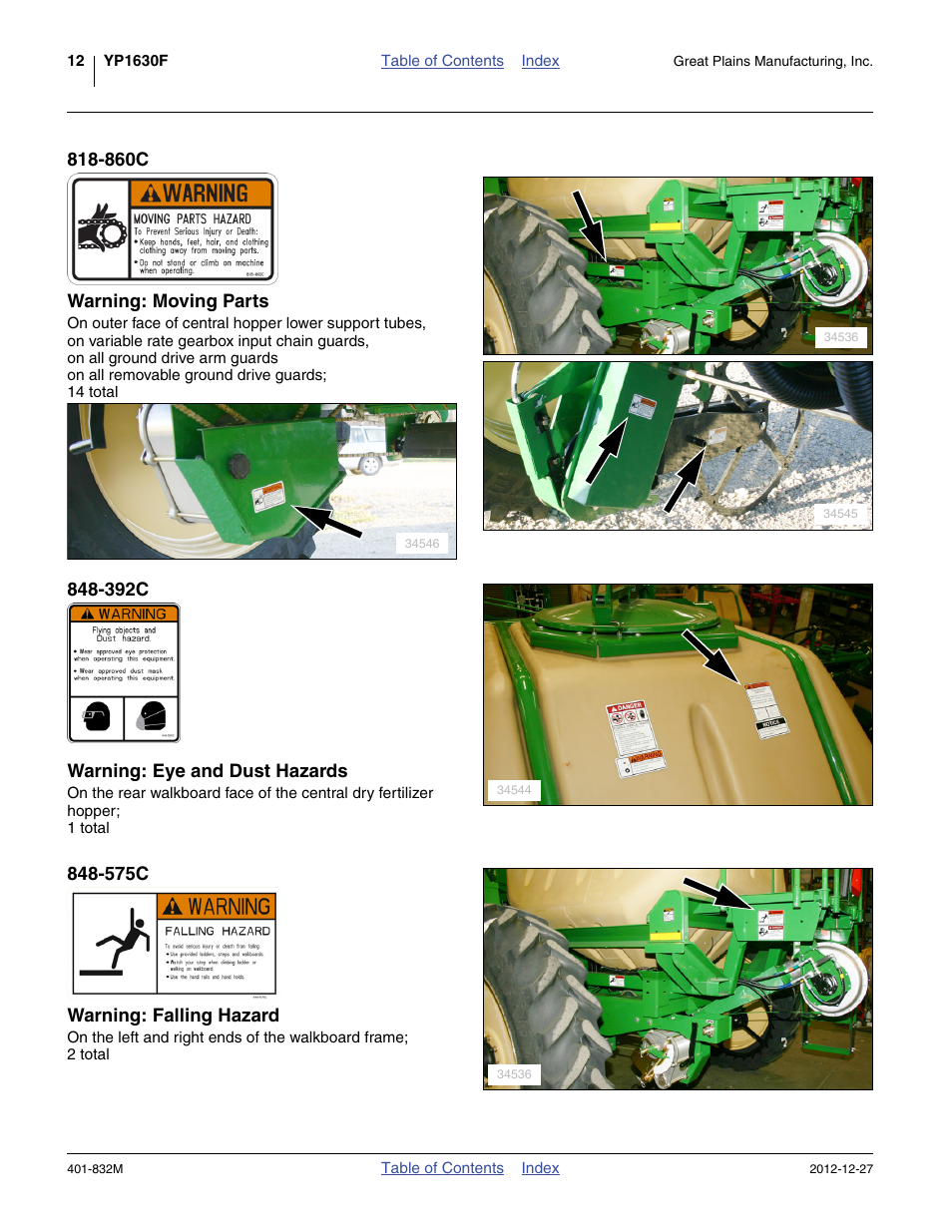 860c warning: moving parts, 392c warning: eye and dust hazards, 575c warning: falling hazard | Great Plains YP1630F-1670 Operator Manual User Manual | Page 16 / 138
