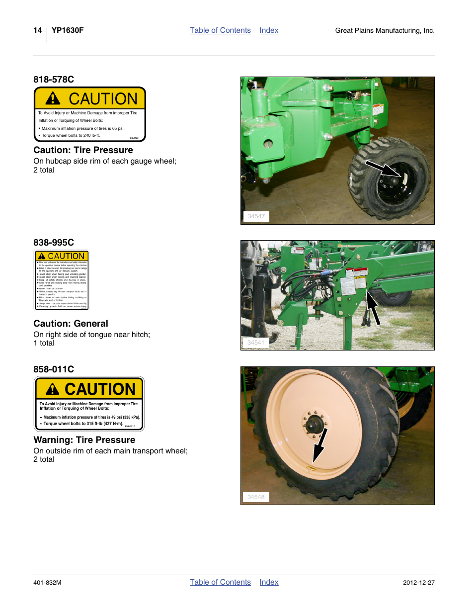 578c caution: tire pressure, 995c caution: general, 011c warning: tire pressure | Caution | Great Plains YP1630F-1670 Operator Manual User Manual | Page 18 / 138