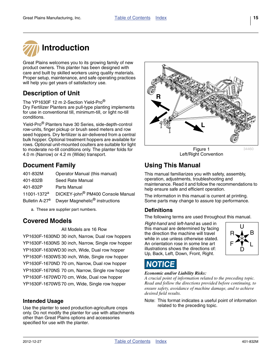Introduction, Description of unit, Document family | Covered models, Intended usage, Using this manual, Definitions, Document family covered models | Great Plains YP1630F-1670 Operator Manual User Manual | Page 19 / 138