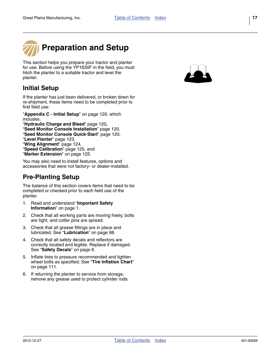 Preparation and setup, Initial setup, Pre-planting setup | Great Plains YP1630F-1670 Operator Manual User Manual | Page 21 / 138