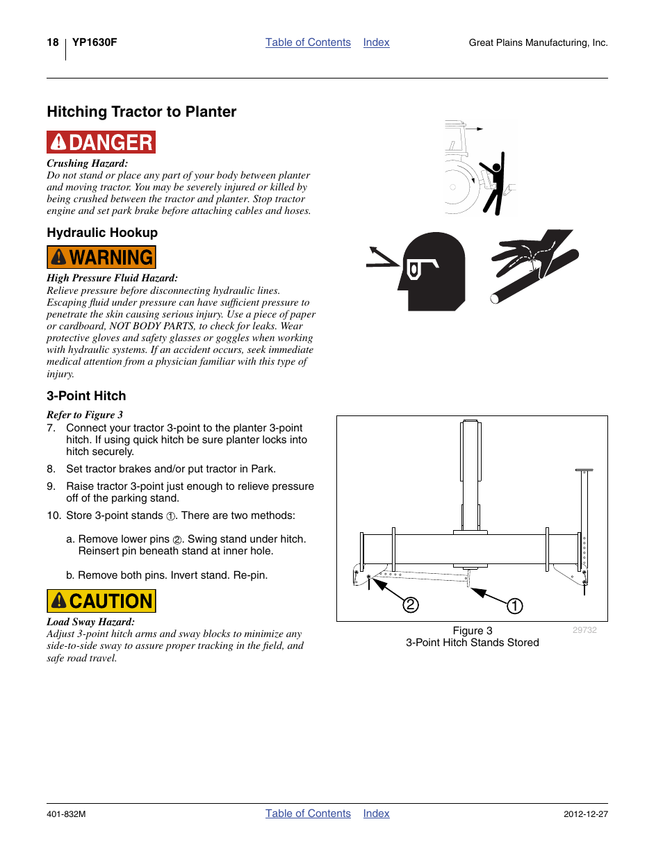 Hitching tractor to planter, Hydraulic hookup, Point hitch | Hydraulic hookup 3-point hitch | Great Plains YP1630F-1670 Operator Manual User Manual | Page 22 / 138