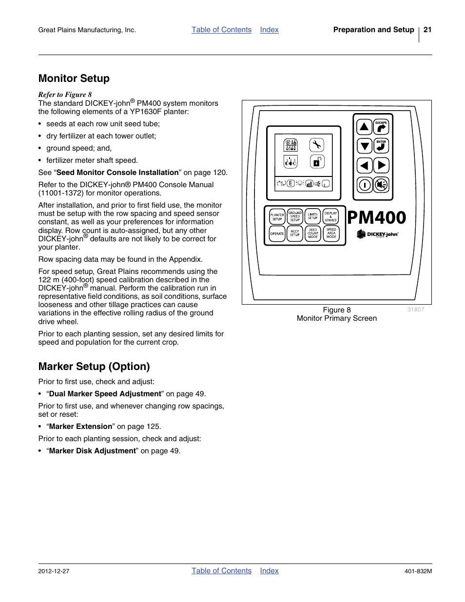 Monitor setup, Marker setup (option), Monitor setup marker setup (option) | Great Plains YP1630F-1670 Operator Manual User Manual | Page 25 / 138