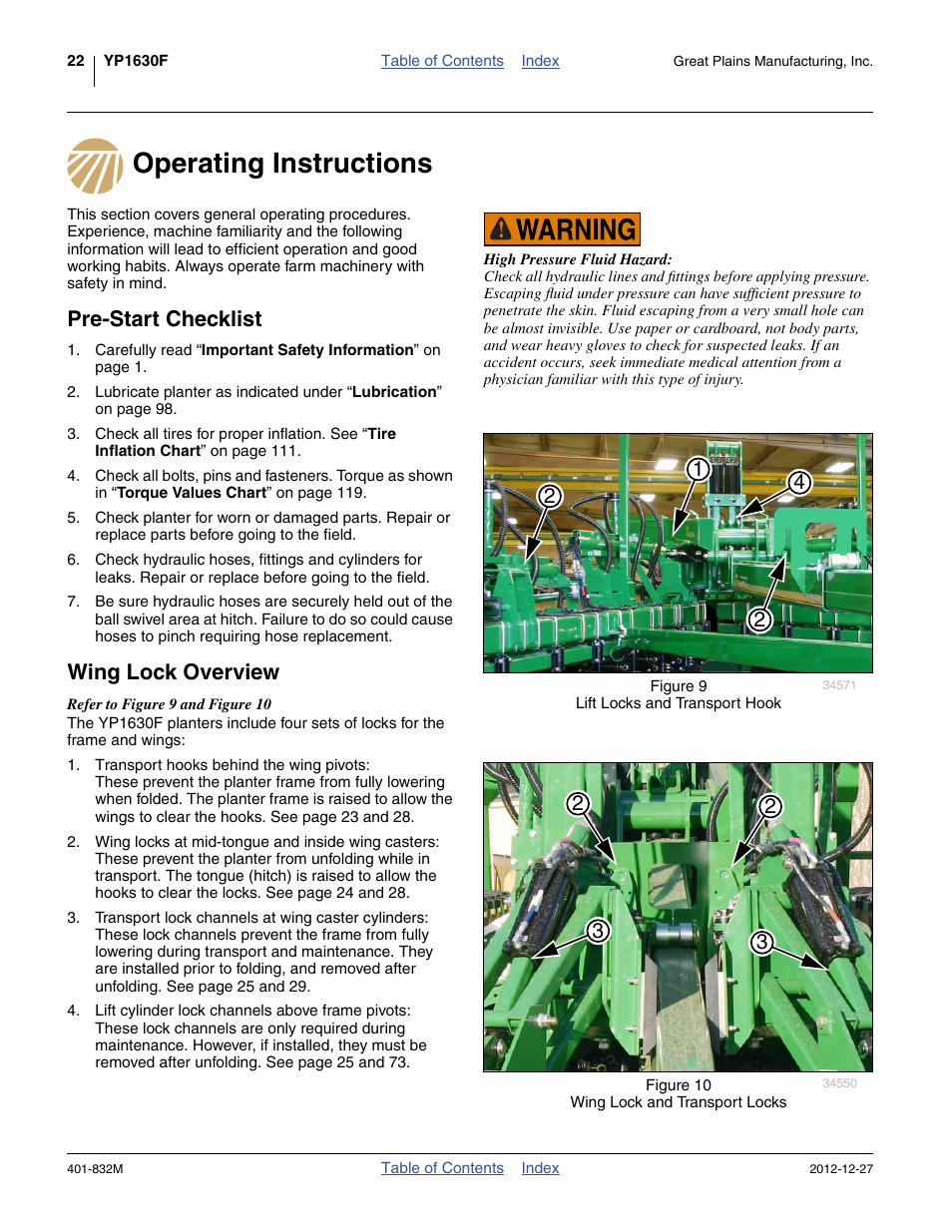 Operating instructions, Pre-start checklist, Wing lock overview | Great Plains YP1630F-1670 Operator Manual User Manual | Page 26 / 138