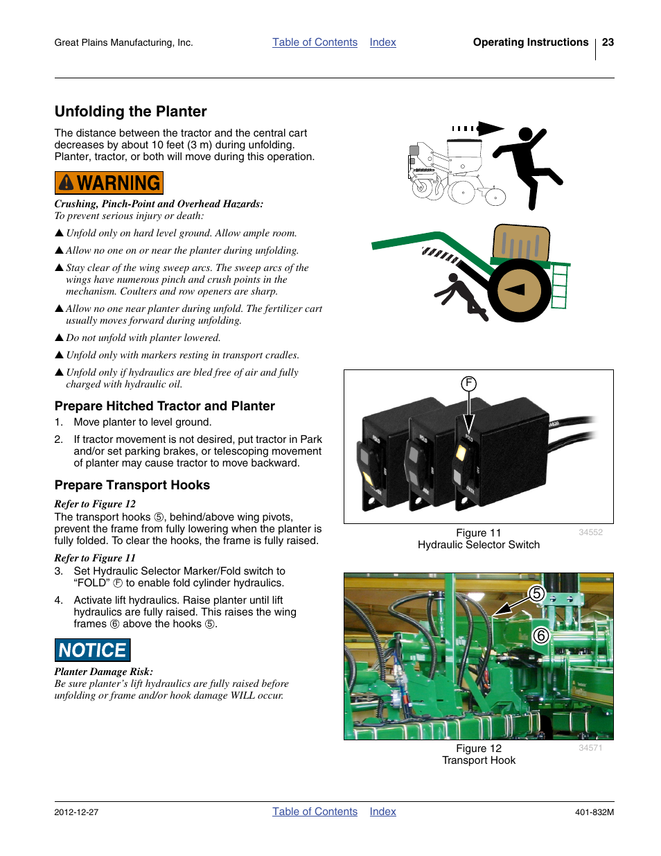 Unfolding the planter, Prepare hitched tractor and planter, Prepare transport hooks | Great Plains YP1630F-1670 Operator Manual User Manual | Page 27 / 138