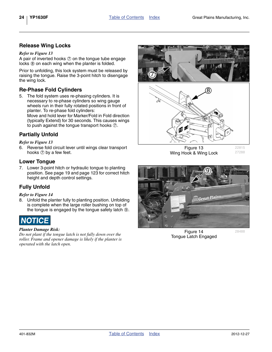 Release wing locks, Re-phase fold cylinders, Partially unfold | Lower tongue, Fully unfold | Great Plains YP1630F-1670 Operator Manual User Manual | Page 28 / 138