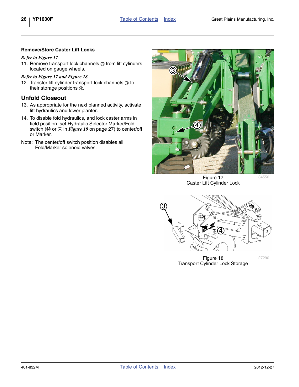 Remove/store caster lift locks, Unfold closeout | Great Plains YP1630F-1670 Operator Manual User Manual | Page 30 / 138