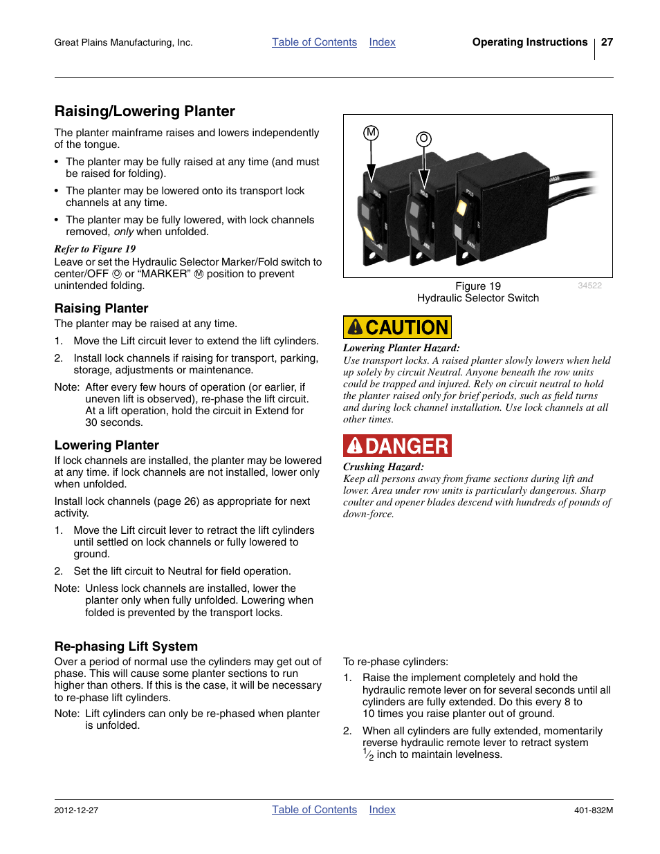 Raising/lowering planter, Raising planter, Lowering planter | Re-phasing lift system | Great Plains YP1630F-1670 Operator Manual User Manual | Page 31 / 138