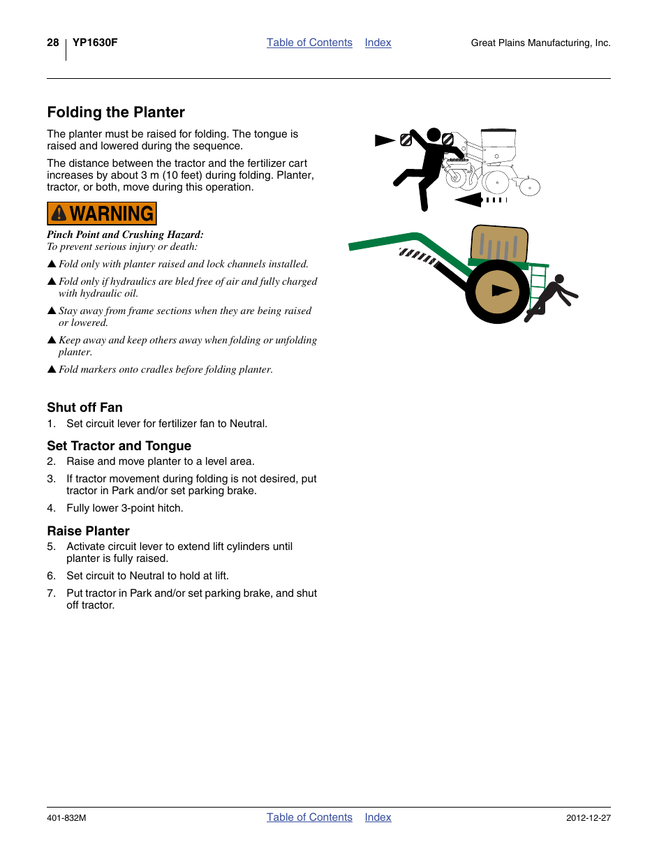 Folding the planter, Shut off fan, Set tractor and tongue | Raise planter, Shut off fan set tractor and tongue raise planter | Great Plains YP1630F-1670 Operator Manual User Manual | Page 32 / 138