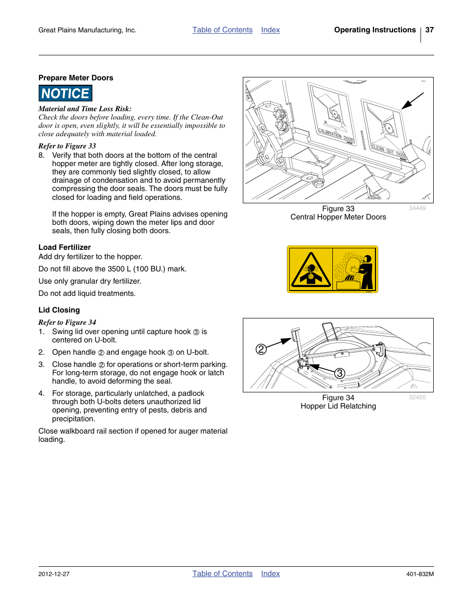 Prepare meter doors, Load fertilizer, Lid closing | Great Plains YP1630F-1670 Operator Manual User Manual | Page 41 / 138