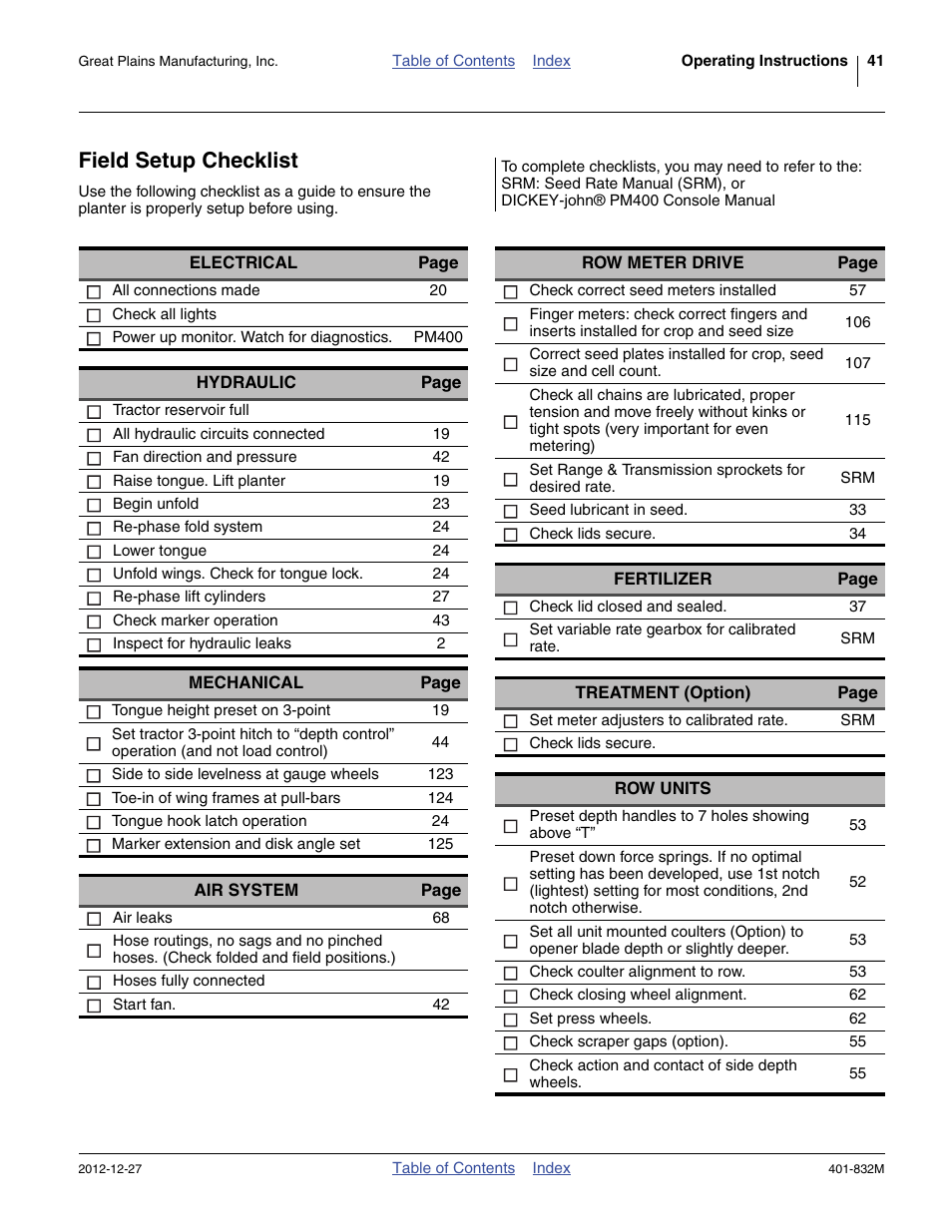 Field setup checklist | Great Plains YP1630F-1670 Operator Manual User Manual | Page 45 / 138