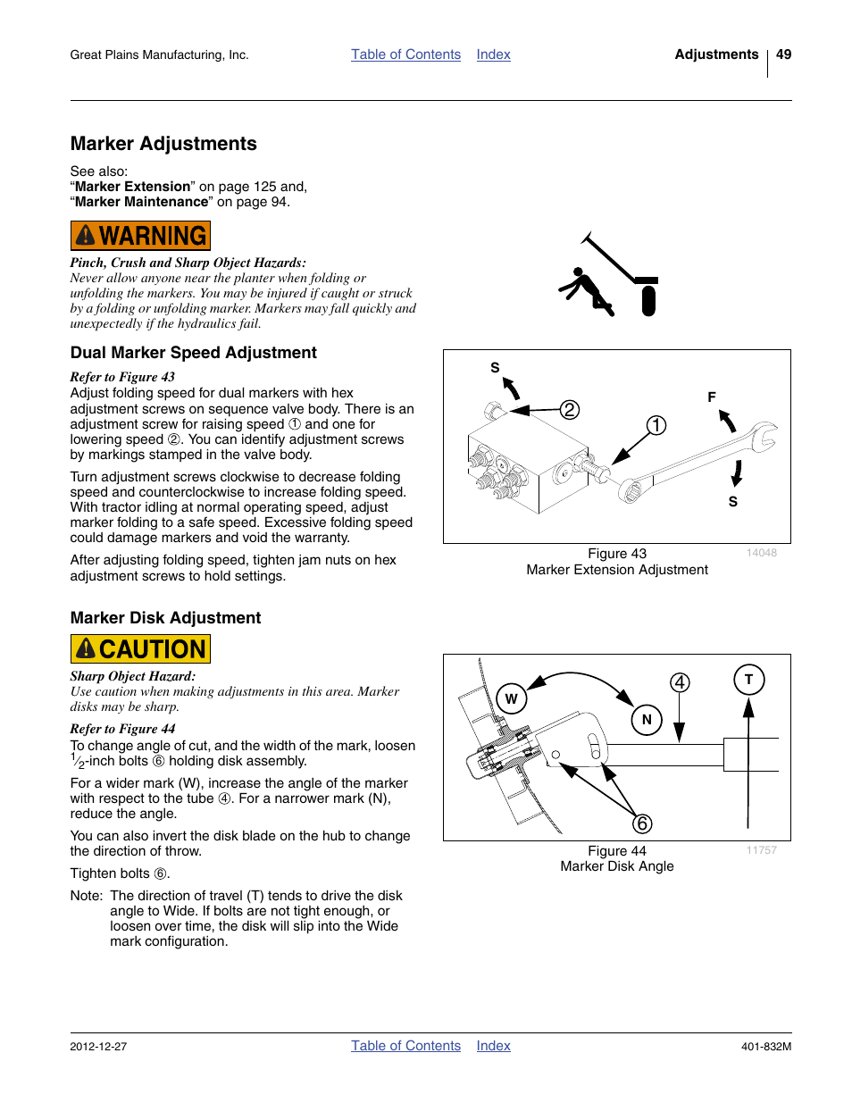 Marker adjustments, Dual marker speed adjustment, Marker disk adjustment | Great Plains YP1630F-1670 Operator Manual User Manual | Page 53 / 138