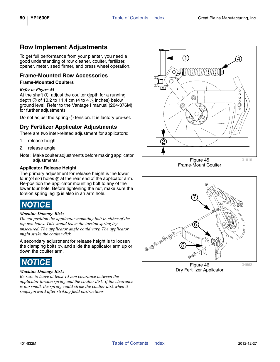 Row implement adjustments, Frame-mounted row accessories, Frame-mounted coulters | Dry fertilizer applicator adjustments, Applicator release height | Great Plains YP1630F-1670 Operator Manual User Manual | Page 54 / 138