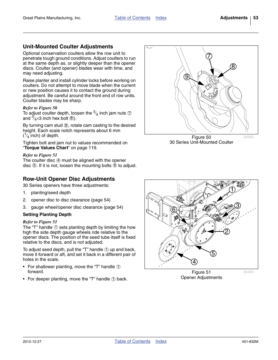 Unit-mounted coulter adjustments, Row-unit opener disc adjustments, Setting planting depth | Great Plains YP1630F-1670 Operator Manual User Manual | Page 57 / 138