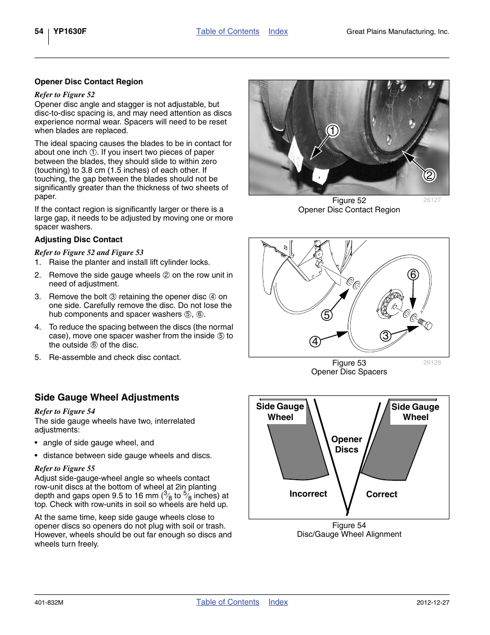 Opener disc contact region, Adjusting disc contact, Side gauge wheel adjustments | Great Plains YP1630F-1670 Operator Manual User Manual | Page 58 / 138