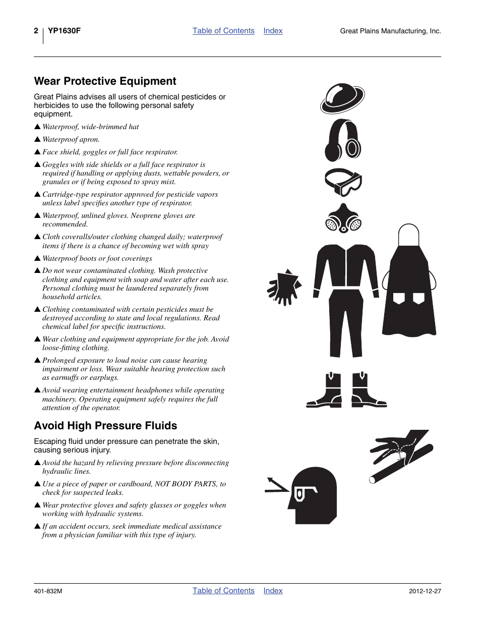 Wear protective equipment, Avoid high pressure fluids | Great Plains YP1630F-1670 Operator Manual User Manual | Page 6 / 138