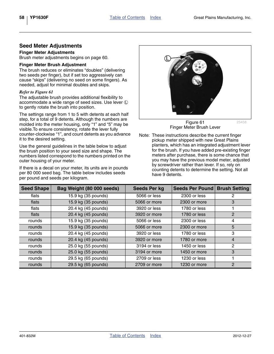 Seed meter adjustments, Finger meter adjustments, Finger meter brush adjustment | Great Plains YP1630F-1670 Operator Manual User Manual | Page 62 / 138
