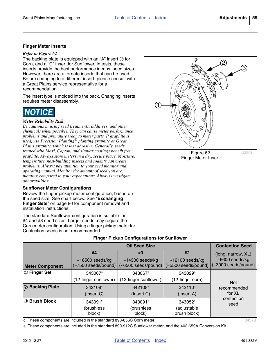 Finger meter inserts, Sunflower meter configurations | Great Plains YP1630F-1670 Operator Manual User Manual | Page 63 / 138