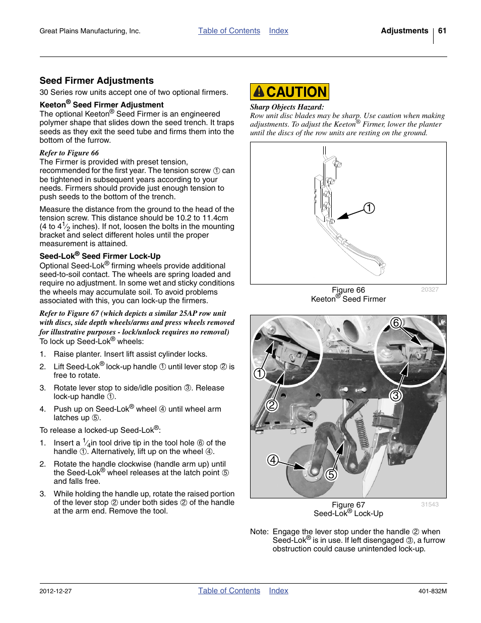 Seed firmer adjustments, Keeton® seed firmer adjustment, Seed-lok® seed firmer lock-up | Keeton, Seed-lok | Great Plains YP1630F-1670 Operator Manual User Manual | Page 65 / 138