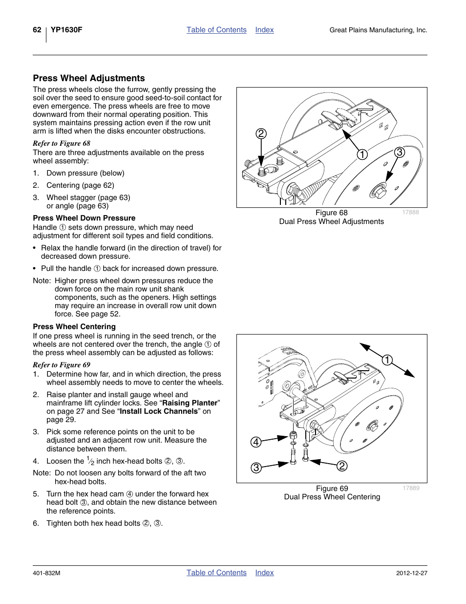 Press wheel adjustments, Press wheel down pressure, Press wheel centering | Press wheel down pressure press wheel centering | Great Plains YP1630F-1670 Operator Manual User Manual | Page 66 / 138