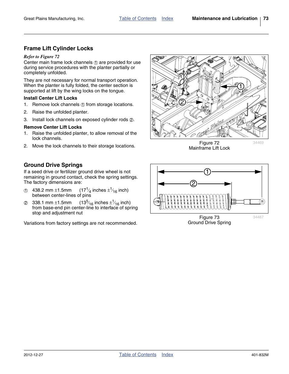 Frame lift cylinder locks, Install center lift locks, Remove center lift locks | Ground drive springs, Frame lift cylinder locks ground drive springs | Great Plains YP1630F-1670 Operator Manual User Manual | Page 77 / 138