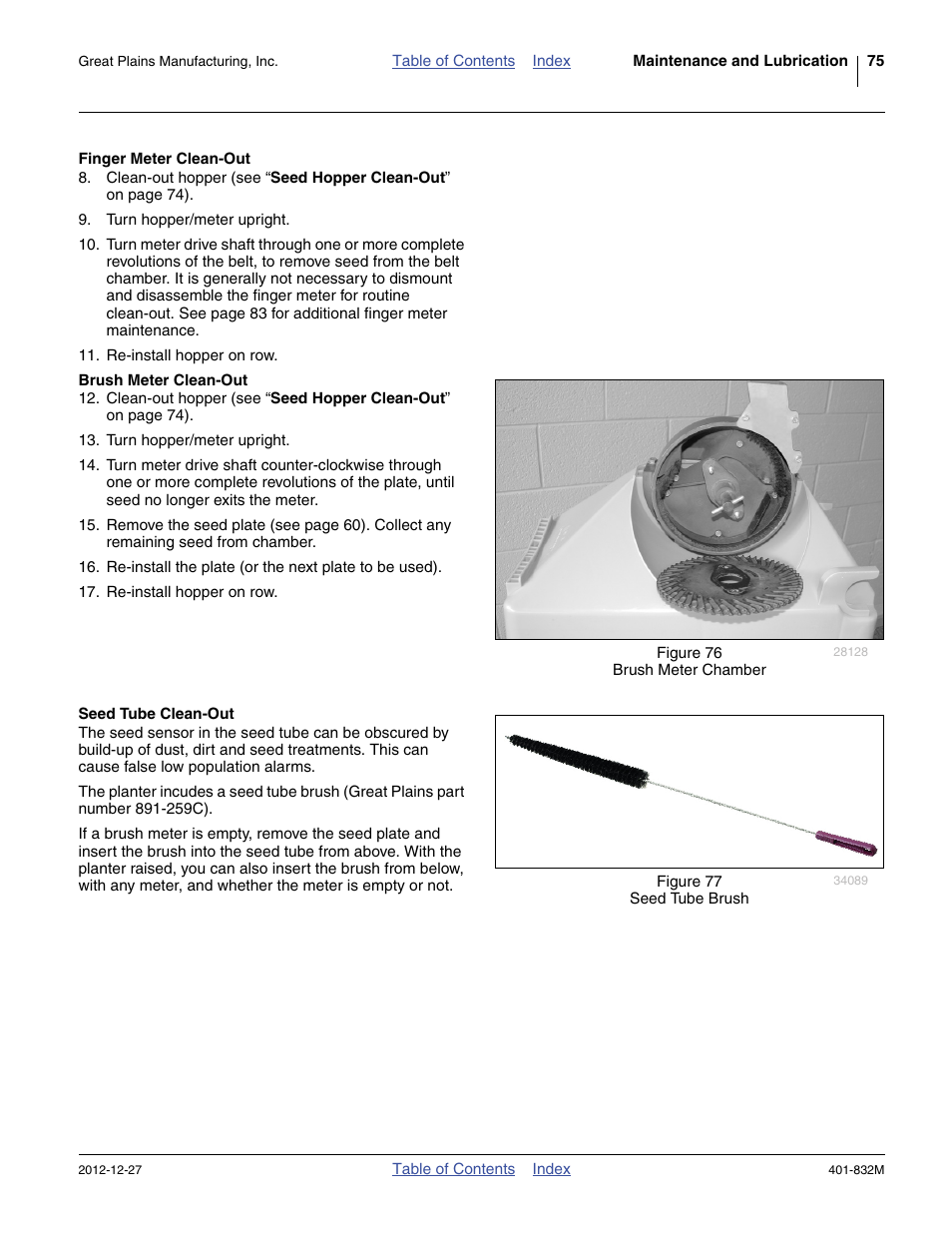 Finger meter clean-out, Brush meter clean-out, Seed tube clean-out | Great Plains YP1630F-1670 Operator Manual User Manual | Page 79 / 138