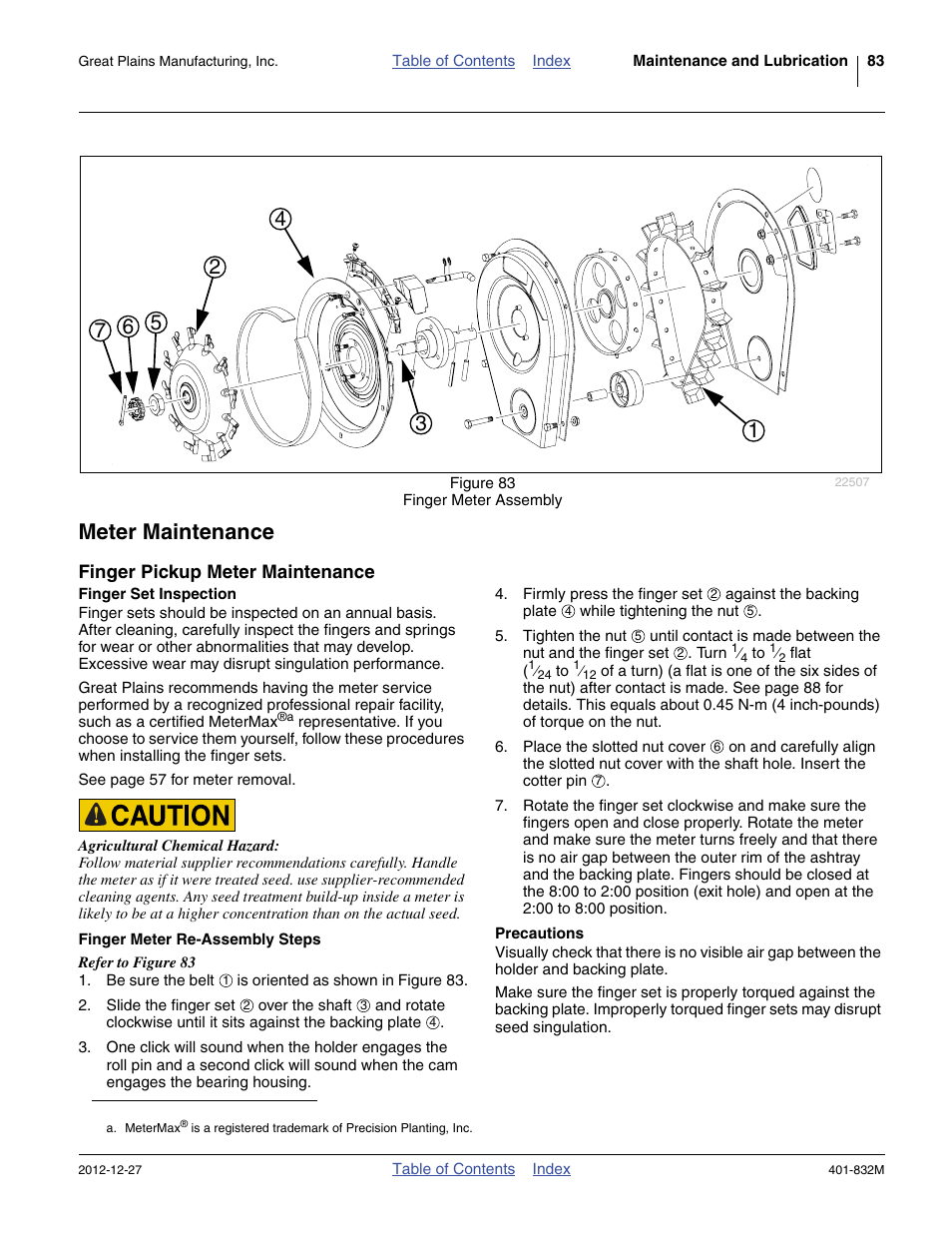 Meter maintenance, Finger pickup meter maintenance, Finger set inspection | Finger meter re-assembly steps, Precautions, Finger meter re-assembly steps precautions | Great Plains YP1630F-1670 Operator Manual User Manual | Page 87 / 138